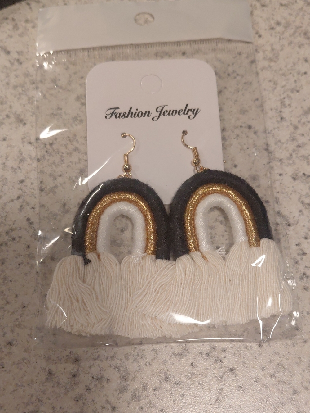Fashion Jewelry Cream, Gold & Black Rainbow Fringe Earrings